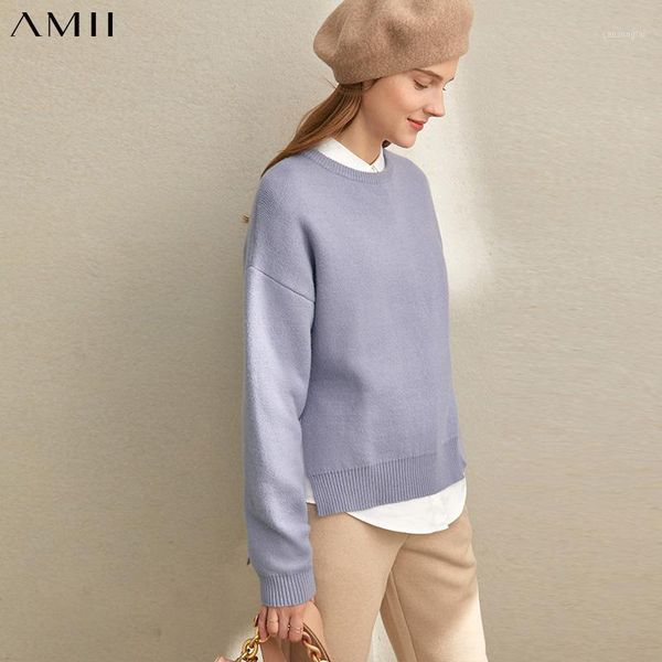 

amii winter women vintage knitted sweaters female elegant solid loose split pullover sweater 119406431, White;black