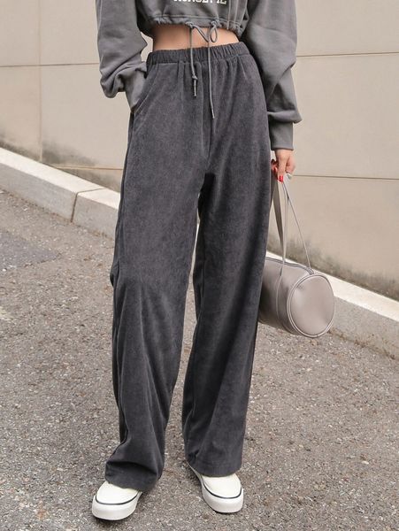 

dazy elastic waist slant pocket pants v64c#, Black;white