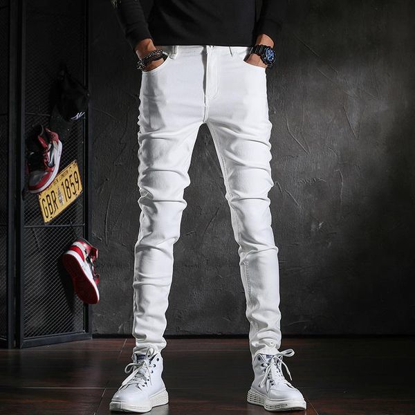 

winter thickened white jeans men business casual cotton stretch straight fit pants, Blue
