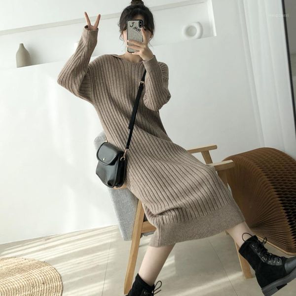 

robe ete femme 2020 women long knitted sweater dress autumn winter korean elegant loose hooded casual dress vestidos jurken1, Black;gray
