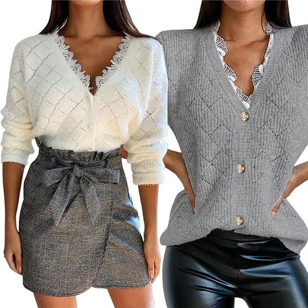 

spring fall casual women autumn knitted sweater adults long sleeve v-neck single-breasted cardigan with lace, White