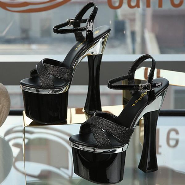 

sandals voesnees high heels women 2021 waterproof platform female model thick heel18cm sequins nightclub catwalk shoes, Black