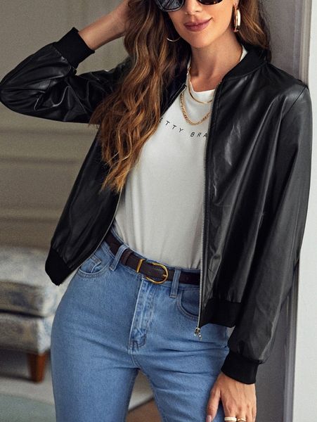 

slant pocket zip up pu leather bomber jacket p16x#, Black;brown