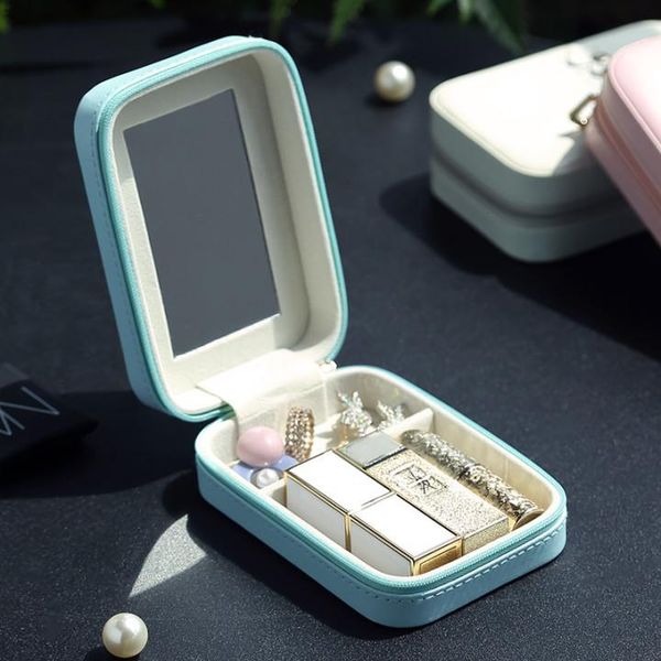 

portable jewelry box organizer pu leather jewellery ring earring boxes packaging storage display case organizer for home travel, Pink;blue