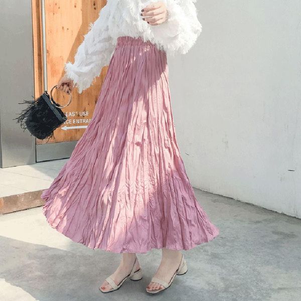 

skirts summer pleated chiffon women elastic waist long midi skirt casual loose beach plus size elegant solid a-line x995, Black