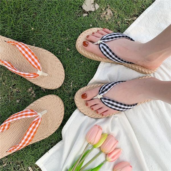

slippers plaid beach women's flip flops non-slip thong woman home sandals for women 2021 summer shoes sandals1, Black