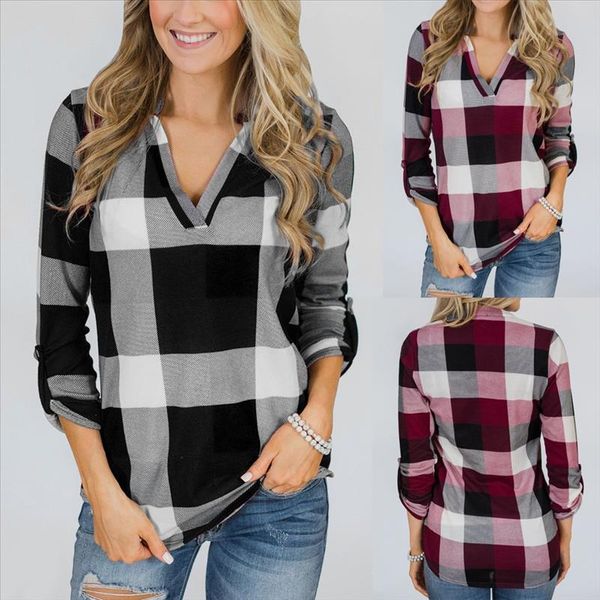 

fashion casual plaid blouse shirt women roll up long sleeve v neck blouse ladies loose button lattice print work wear, White