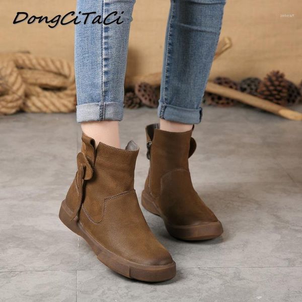 

boots dongcitaci autumn winter women cow leather snow shoes woman retro female ankle genuine short1, Black