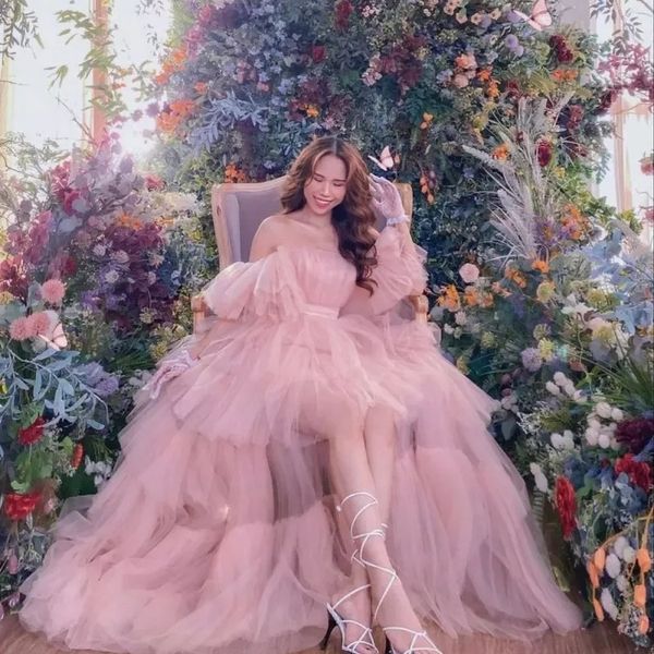 

off the shoulder high low prom dresses tiered pleats women's evening gowns puff sleeve party dress vestido de novia, Black