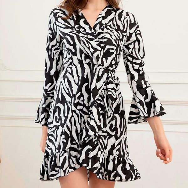 

dress women black and white striped dresses casual elegant dress fashion flared sleeve irregular casual clothing#g30, Black;gray