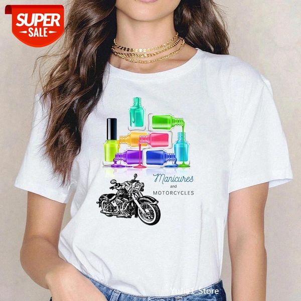 

Rainbow nail polish manicures & motorcycles print vogue t shirt women harajuku kawaii graphic tshirt hip hpp rock summer shirt #AA6f, White