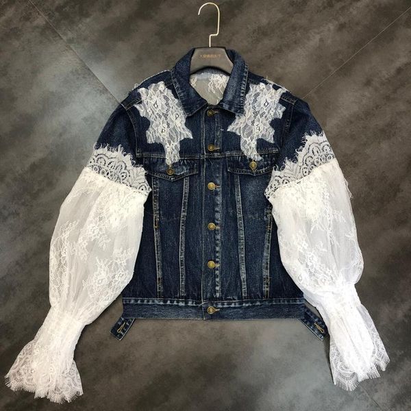

new lace lace bubble sleeve fairy jean jacket short jacket female tide, Black;brown