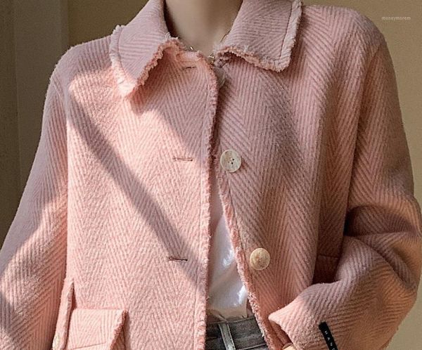 

women's wool & blends women wollen trench blend coat retro simple pinstripe lapel loose woolen short women1, Black