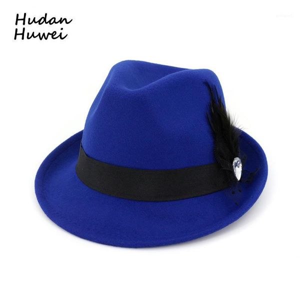 

wide brim hats women wool felt fedora hat with feather ribbon decoration for fashion ladies party formal stage performance jazz gh-6421, Blue;gray