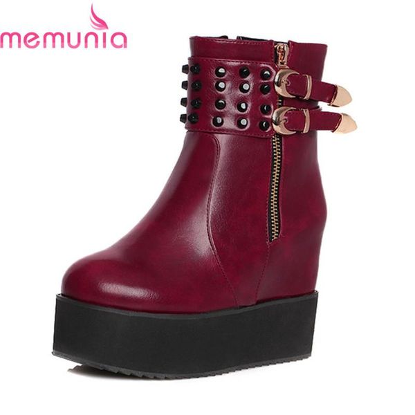 

boots memunia 2021 arrival platform round toe height increasing heels with buckle punk women's pu leather ankle, Black