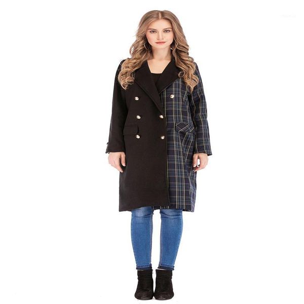 

2020 new autumn winter women woolen coat fashion grid pattern stitching lapel button slim pocket all-match ladies high-end1, Black