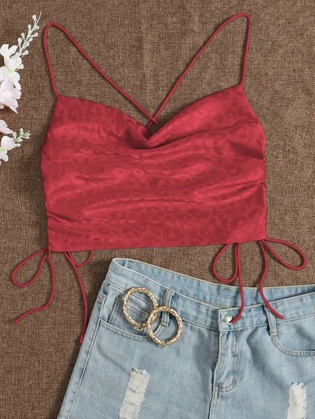 

leopard jacquard drawstring side crisscross crop cami q8x8#, White