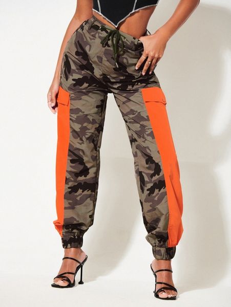 

camo print drawstring waist cargo pants j51k#, Black;white