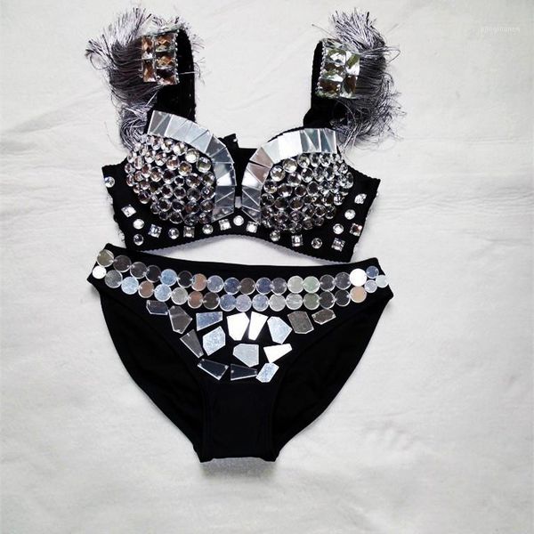 

new handmade mirrors sequins bra shorts female singer ds all-match silver lens basic briefs individual character costume wear1, Black;red