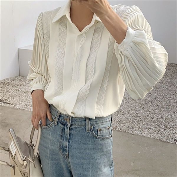 

2021 new chiffon women's solid french shirt breasted plissado lantern sleeves oversized blouse autumn shirts v7bh, White