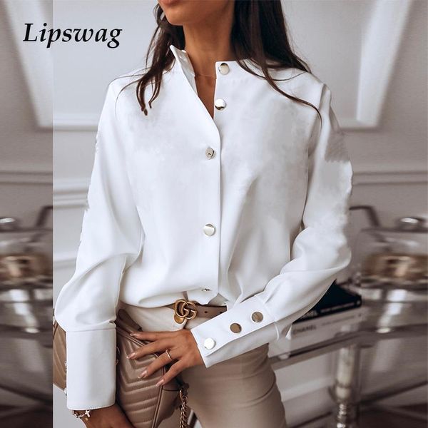 

women 2021 spring office ladies metal button basic shirts blouse casual solid color long sleeve elegant blusa mujer femme, White