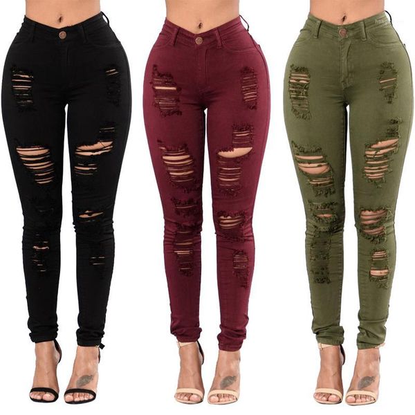 

women's fashion tri-color jeans women's high waist slim hole jeans casual stretch pants skinny1, Blue