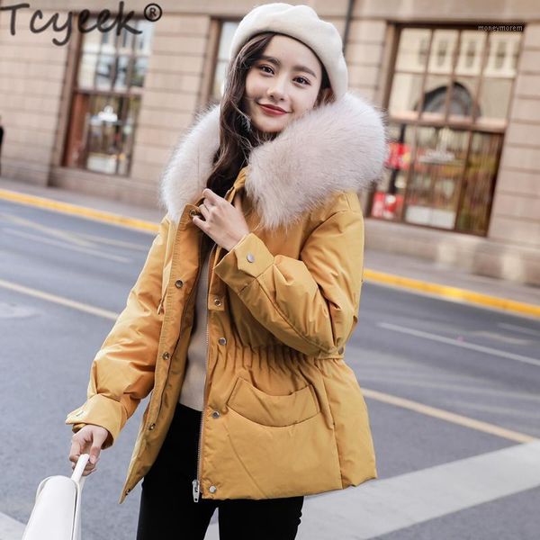 

tcyeek 2019 new brand large fur duck down jacket women winter short coats white duck down coat abrigos mujer outwear hiver 88101, Black