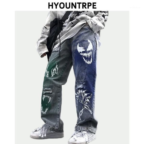 

mens hip hop graffiti printed denim pants casual straight ripped holes streetwear jeans trouser spring new loose joggers pants1, Blue