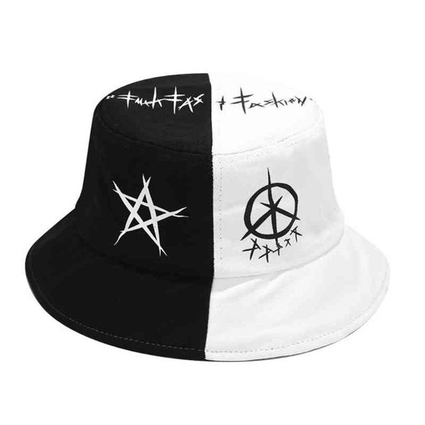 

black white color block hip hop bucket hat graffiti star print panama, Blue;gray