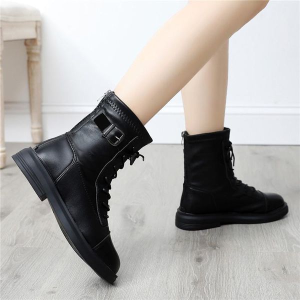 

round toe zipper lady boots women's rubber shoes rain flat heel boots-women winter footwear luxury designer lolita low rock, Black