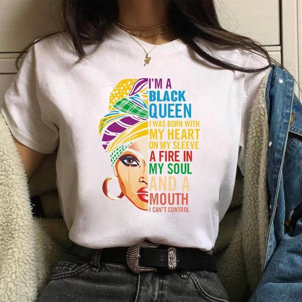 

новая летняя мода мультфильм черная девушка печатает топы женские футболки меланин королева женская футболка повседневная хлопковые тройники, White