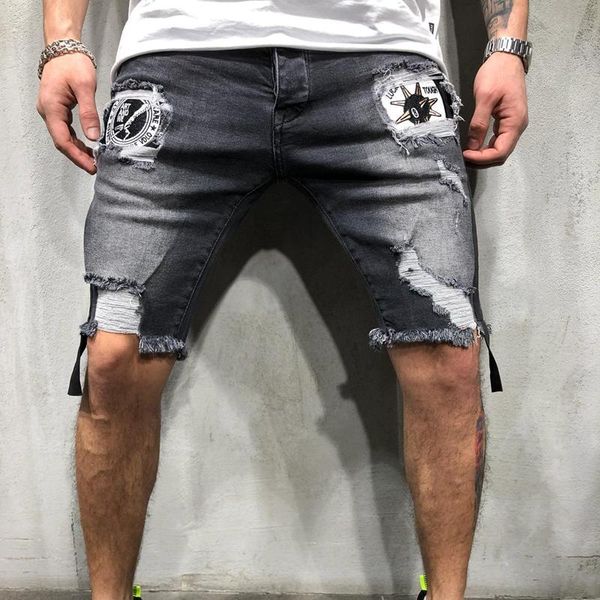 

fashion 2020 summer hole denim shorts embroidered men's jeans shorts hip-hop slim blue light blue s-3xl, White;black