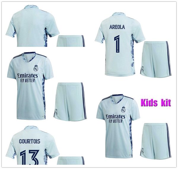 

kids kit 2020 real madrid goalkeeper blue soccer jerseys 20 21 orange #13 courtois boys goalkeeper soccer shirt #1 areola football uniforms