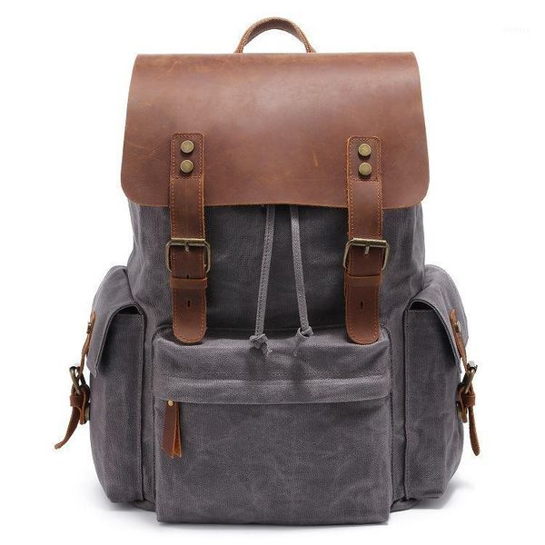 

backpack men's computer backpacks retro crazy horse leather canvas bags customized1