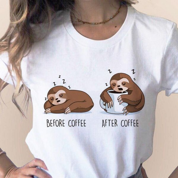 

lazy sloth funny women t-shirt summer before coffee after coffee animal cup loose cute cartoon t-shirt drop ship, White