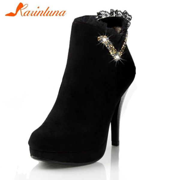 

boots fashion brand design autumn winter woman shoes office ladies round toe flock metal decoration splike heels ankel, Black