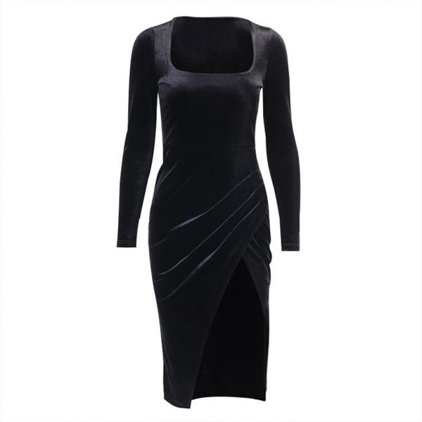 

2021 new spring french style square collar vintage black velvet sleeve long thin slit dress for woman xu7u, Black;gray