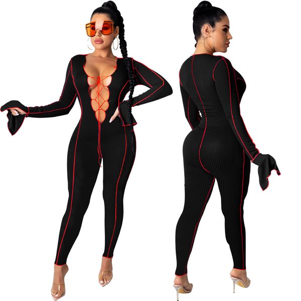 

women bandage v neck jumpsuit flare nack slim fit rompers ladies panelled pencil pants nightclub jumpsuit, Black;white