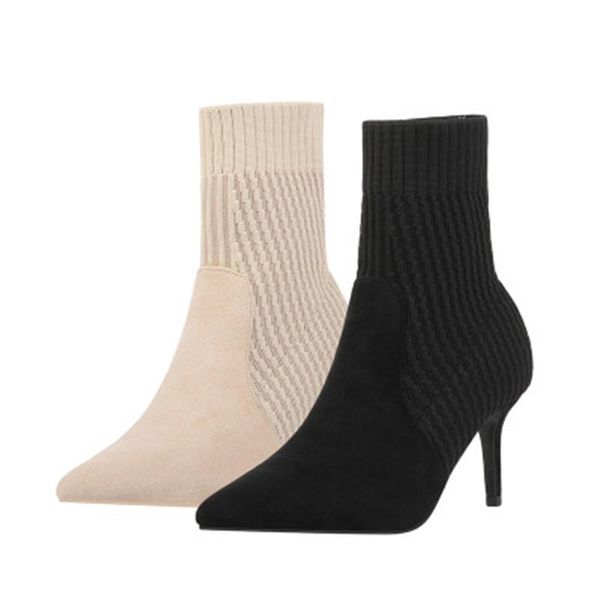 

the new woven elastic single women to winter boots web celebrity with pointed british wind han edition ankle boot since smal, Black