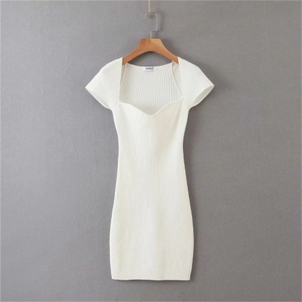 

2021 new design low chest sweet curved neckline slim slimming short-sleeved knitted bag hip dress dnaa, Black;gray
