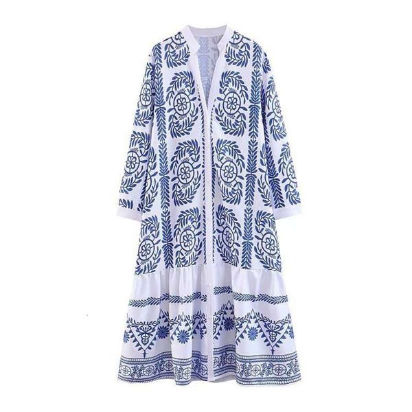 

print white porcelain blue lapel and long sleeve embroidered shirt dress 4786 / 073, Black;gray