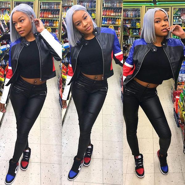 

women's jackets vavcy 2021 autumn pu fabric color matching zip up club jacket, Black;brown