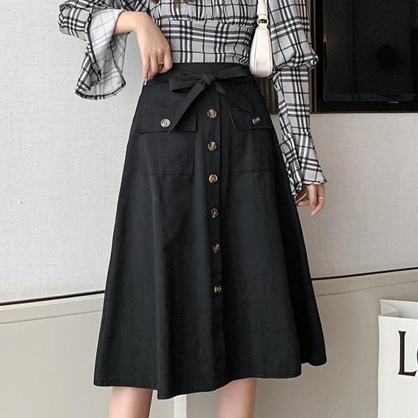 

zoki elegent bow women skirt summer a line button ladies midi skirt elastic high waist korean fashion black mujer faldas 2021
