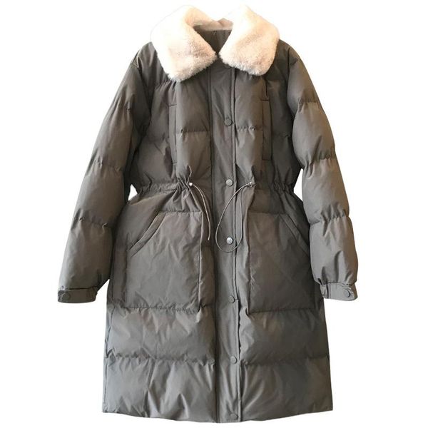 

2021 winter women's down cotton jacket ladies large fur collar waist drawstring padded clothing long warm thicken overcoat f83, Black