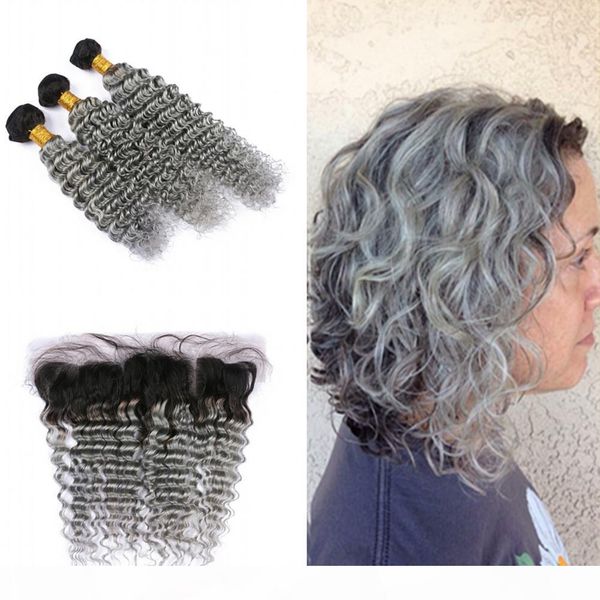 

dark roots 1b grey deep wave 3 bundles with lace frontal ombre grey color full lace frontal with brazilian hair weaves weft, Black