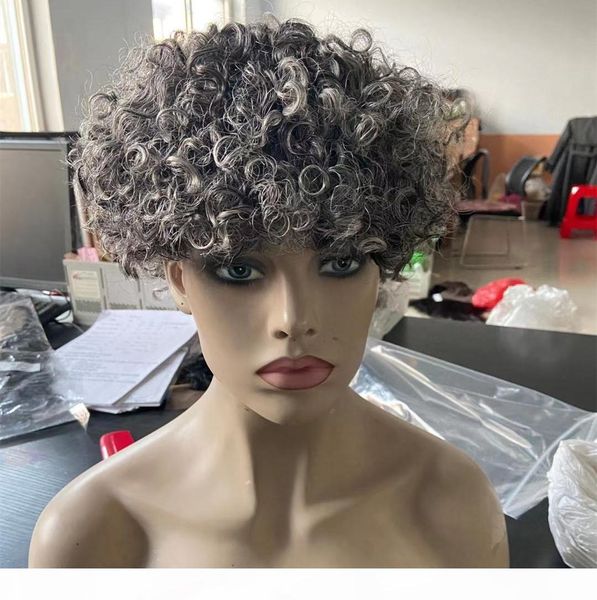 

cute grey afro wigs for women short kinky curly wig natural highlights two tone mixed ombre grey real natural hair for black women, Black;brown