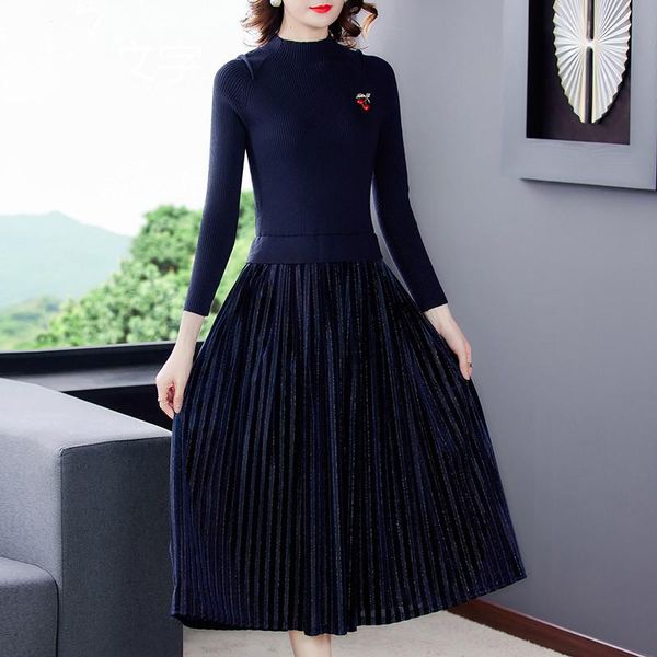

casual dresses 2021 autumn winter dress female slimming knitted velvet pleated a-line bottoming women vestidos de festa, Black;gray