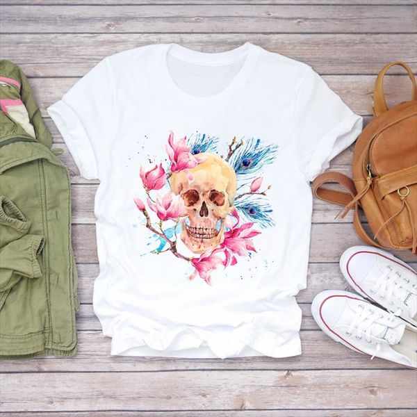 

women skull 90s casual scary watercolor halloween print lady t shirts womens graphic t shirt ladies female tee shirt, White