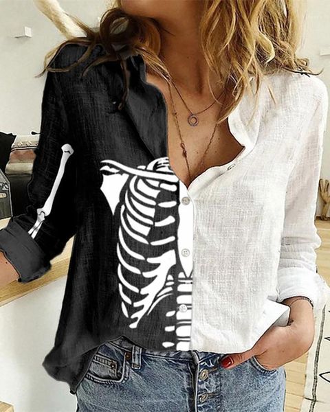 

2020 women casual autumn turn-down collar buttoned skeleton blouse halloween figure print colorblock shirt1, White