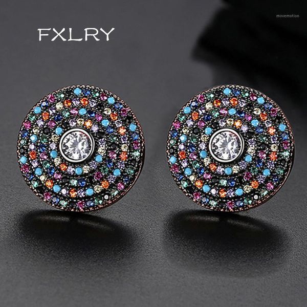 

fxlry new multicolor inlaid zircon vintage disc stud earrings for women fashion jewelry1, Golden;silver